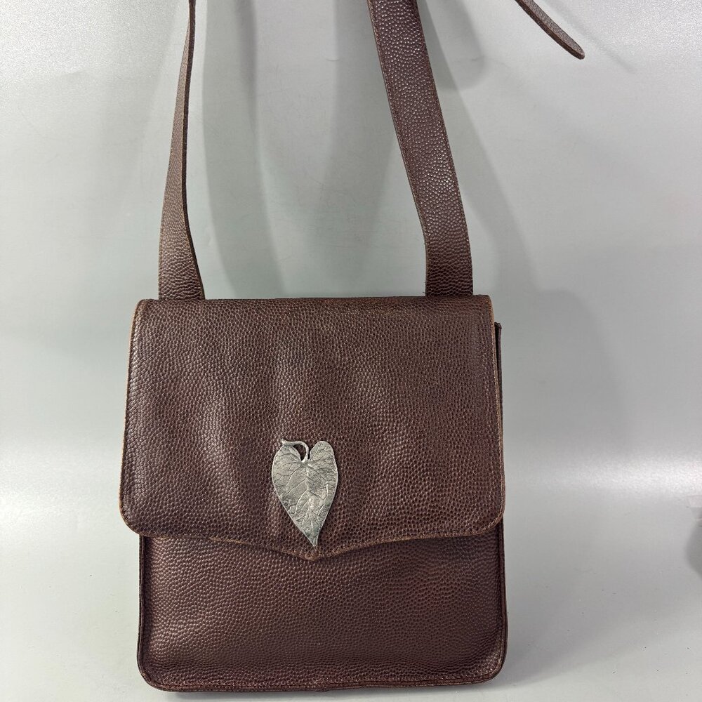 JP Ourse et Cie Brown Leather Crossbody Bag w/ Silver Leaf